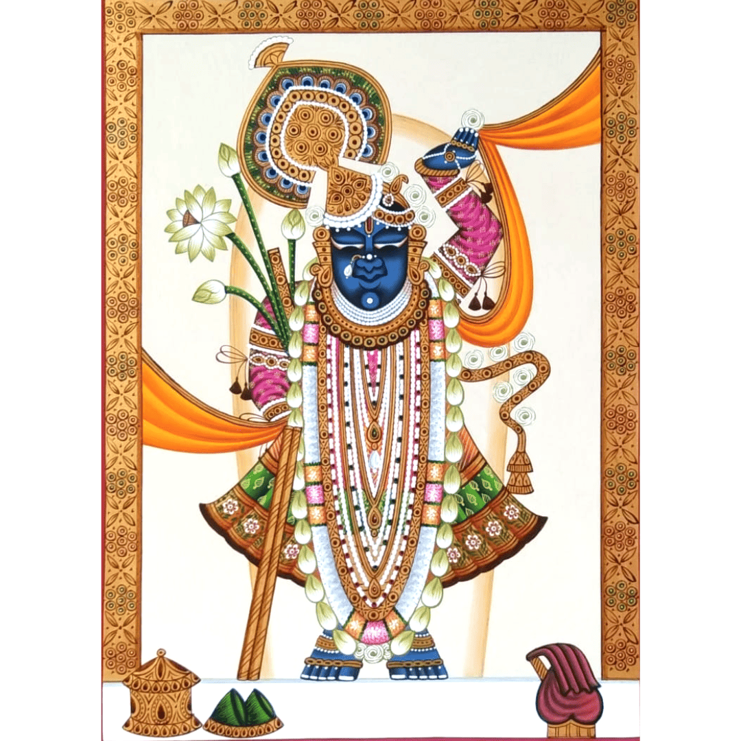 Gold Leaf Shrinathji Painting with Lotus & Cream Background